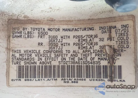 2001 Toyota Sequoia Limited V8 from USA, damaged, VIN 5TDZT38A61S054835